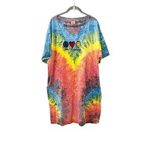 Vintage 90s Rainbow Tie Dye Embroidered T-Shirt Dress San Francisco Peace Hippie